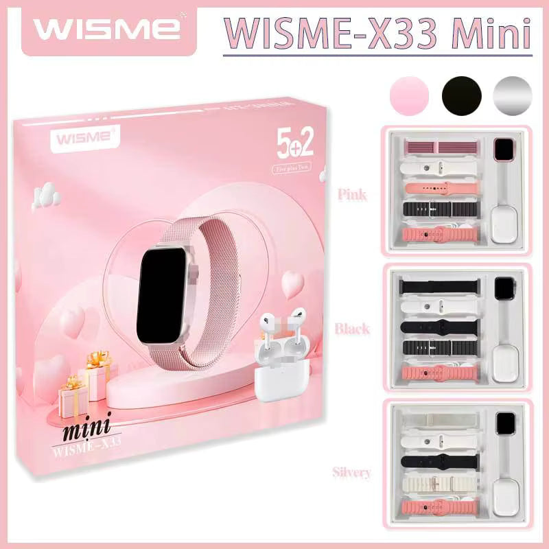 ساعة Wisme X33 الذكية الصغيرة مع سماعات أذن لاسلكية | شاشة عالية الدقة خماسية النطاق | أنيقة وصغيرة الحجم ساعة Wisme X33 الذكية الصغيرة مع سماعات أذن لاسلكية | شاشة عالية الدقة خماسية النطاق | أنيقة وصغيرة الحجم